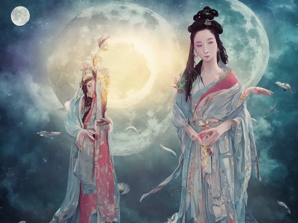 Image similar to Beautiful goddess of the moon, Kaguya, in front of giant moon, traditional white kimono, mystic, mist, gemstone, artefact, runes, medieval, forest, sunset, dolphins on the horizon, cinematic, high quality, cgsociety, artgerm, 4K, UHD, trending on ArtStation