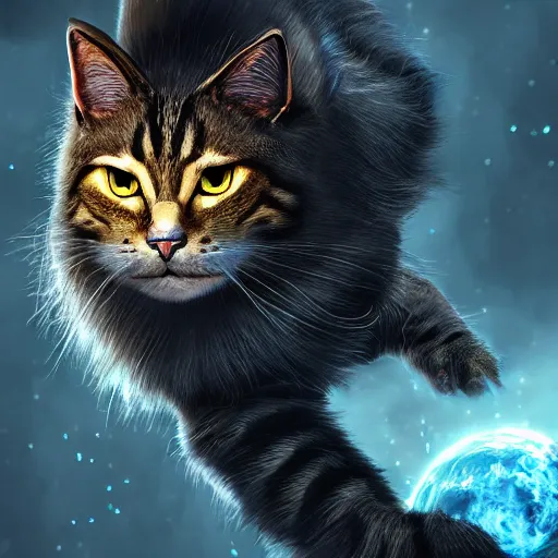 Image similar to fantasy cat that balances good and evil in the universe, high detail, fantasy art, concept art, 4 k, ultra detail, computer art