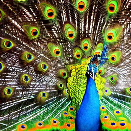 Prompt: A beautiful award winning picture of a cute cat peacock hybrid in front of a dark background. The cat is normal except it has a small peacock tail and some feathers on the back. Highly detailed, stunning, 8k