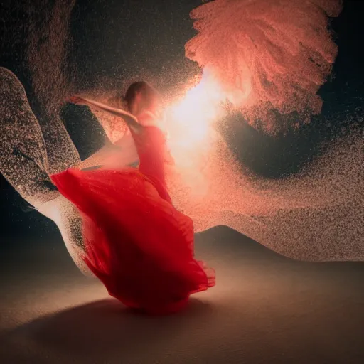 Prompt: manshaped swirling smoke beside woman dancing underwater wearing a flowing red dress made of seaweed, beautiful sand and coral sea bottom, thousands of tiny silver fish in the background, octane render, caustics lighting from above, cinematic