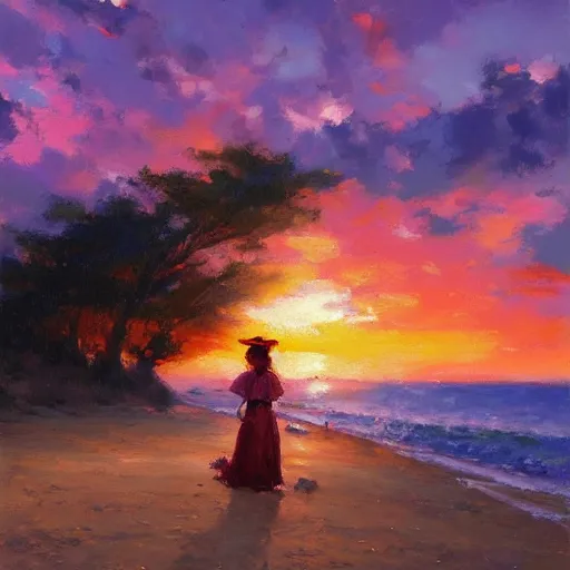 Prompt: Beautiful portrait of Kirisame Marisa at sunset on the beach, touhou project, oil painting by Antoine Blanchard, sold at an auction, oil on canvas, official artwork , wide strokes, pastel colors, soft lighting