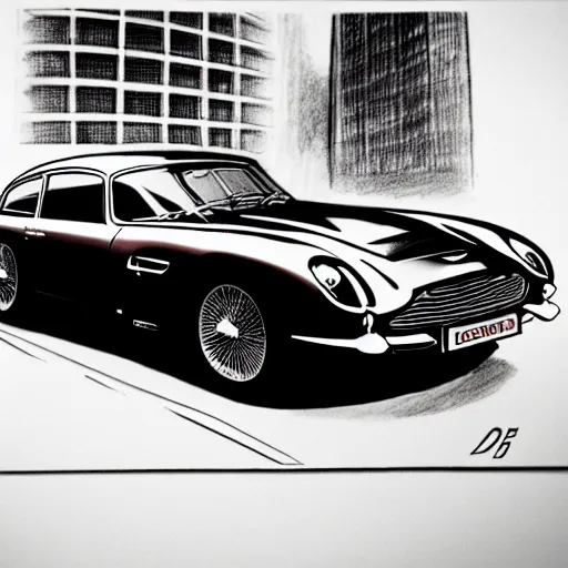 Image similar to copic marker pen drawing of an aston martin db 5 concept car, in a rich london business district street, medium range, sharp, very detailed, high resolution, trending on artstation