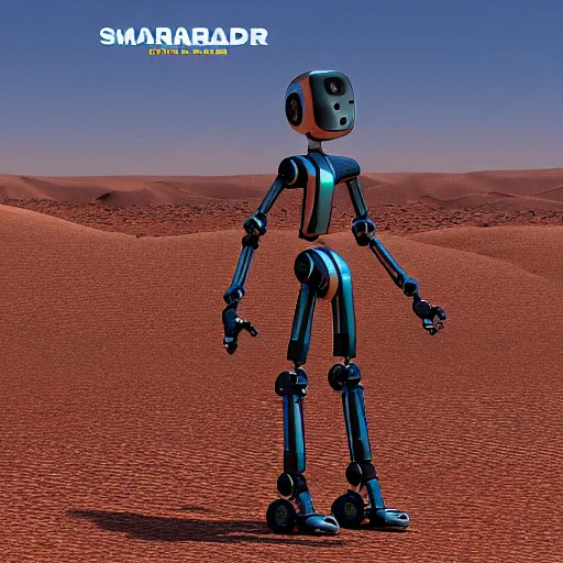 Image similar to robot marduder lost in sahara, photo realistic, highly detailed