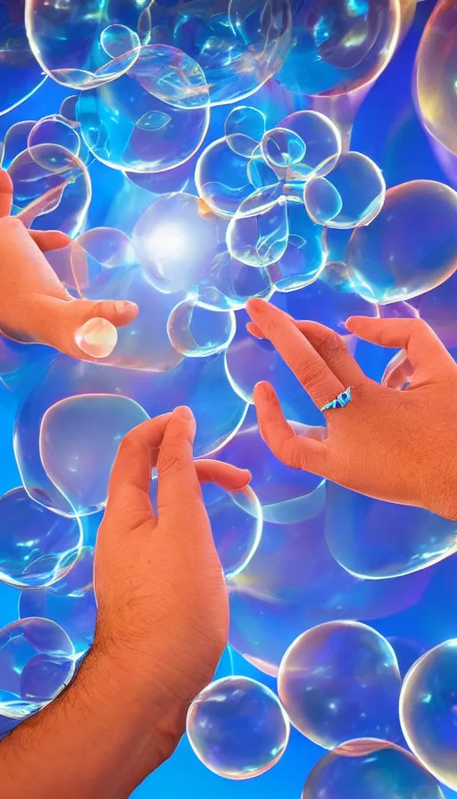 Image similar to photograph of two hands holding a 2ft slightly curved soft background blue blue oblong bubble filled with glowing AR hologram paragraphs in iMessage bubble formed between the arc between the thumb and index finger, AR sentences streaming from your mouth to your hands, chatting at Dolores Park sunset dappled golden hour light