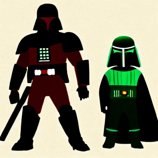 Image similar to cartoon of darth vader and boba fett standing proudly shoulder to shoulder