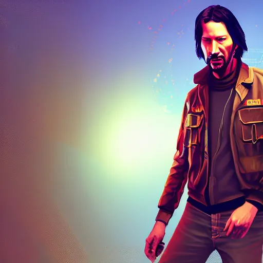 Prompt: keanu reevez in disco elysium, game screenshot, digital art, by aleksander rostov, disco elysium style, garain, glitch