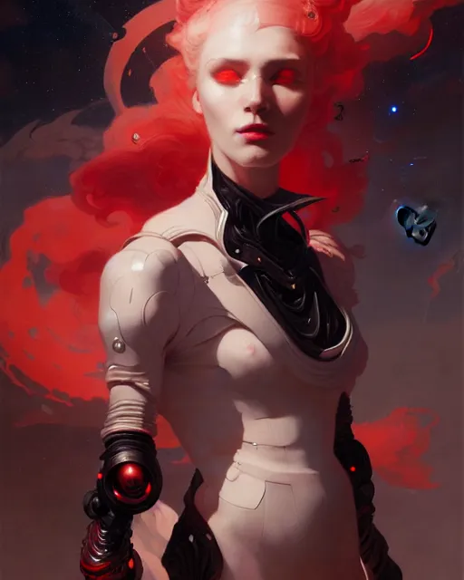 Image similar to masterpiece concept art, a beautiful highly detailed sci - fi renaissance lady, confident pose, by peter mohrbacher and jae lee, 8 k, intricate detail, cinematic lighting, red white and black colors