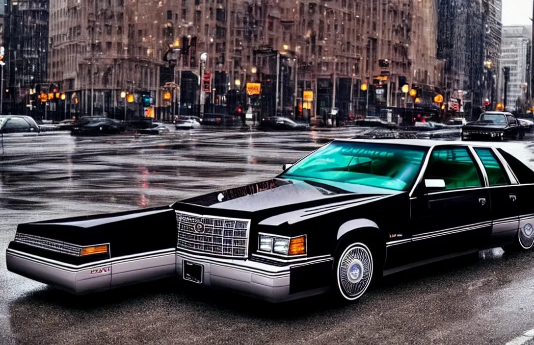 Prompt: hyper realistic, high detail real life photo of black 1 9 9 2 cadillac de ville, city streets wet, beautiful, dreary lighting