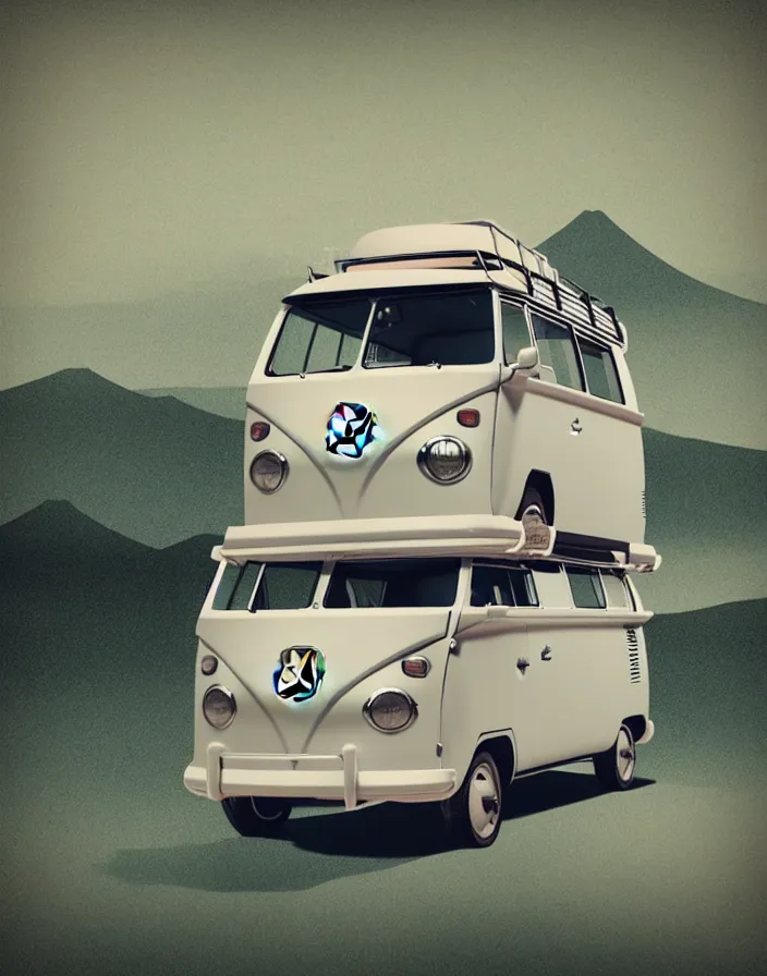 Image similar to front view vw camper touring rural japan, a collage painting, in the style of wes anderson, lola dupre, david hockney, isolated on negative white space background dark monochrome fluorescent spraypaint accents volumetric octane render