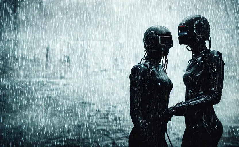Image similar to cinestill 5 0 d candid photographic portrait by christopher nolan of two loving female androids wearing rugged black mesh techwear in treacherous waters, extreme closeup, modern cyberpunk moody sobbing cinematic, pouring rain menacing lights shadows, 8 k, hd, high resolution, 3 5 mm, f / 3 2, ultra realistic faces, ex machina