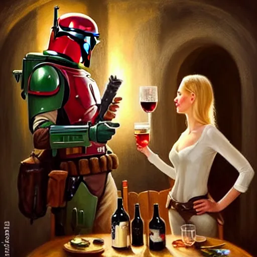 Image similar to Boba Fett and a beautiful young blonde drinking beer in a wine cellar, food, meat, schnapps, torches on the wall, romantic, inviting, cozy, painting by Vladimir Volegov