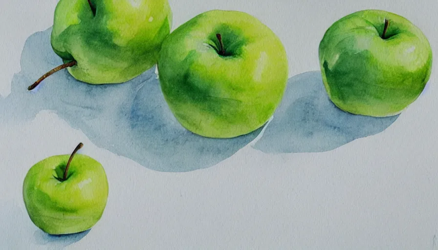 Prompt: watercolor painting of green apples on white paper, bright, white table, white walls