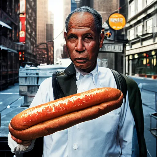 Prompt: closeup portrait of a man selling hotdogs in a smoky new york back street , by Annie Leibovitz and Steve McCurry, natural light, detailed face, CANON Eos C300, ƒ1.8, 35mm, 8K, medium-format print