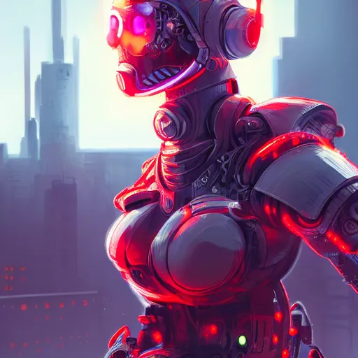 Prompt: character with short white hair, robotic arm, city in background, neonpunk, dystopian, scifi, intricate, detailed red lighting, concept art, trending on artstation