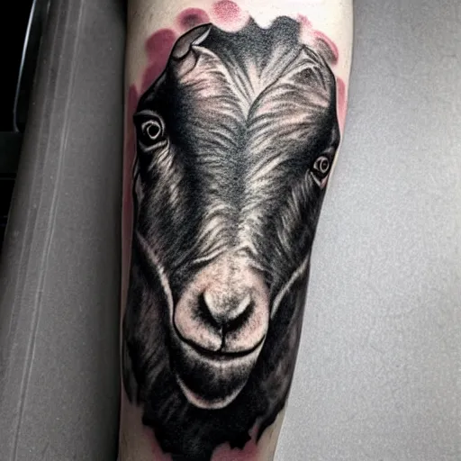 Prompt: tatoo of a goat headed old girl in short