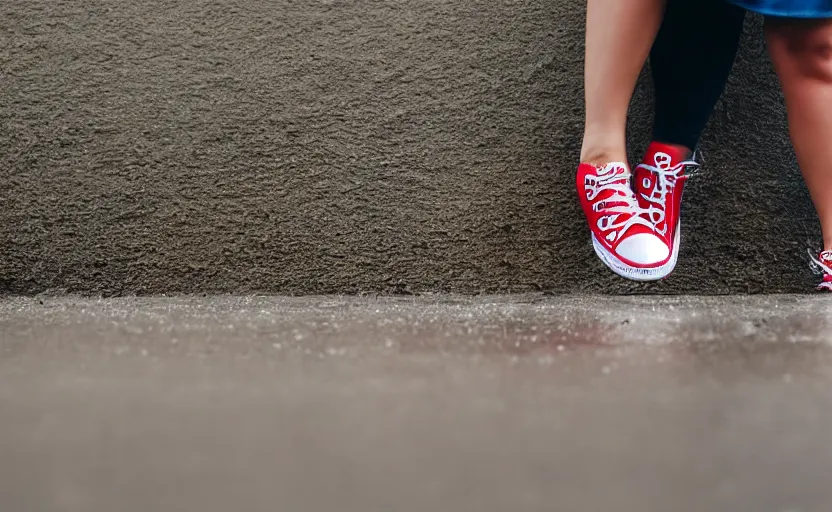 Image similar to side view of the legs of a woman sitting on a curb, very short pants, wearing red converse shoes, wet aslphalt road after rain, blurry background, sigma 8 5 mm