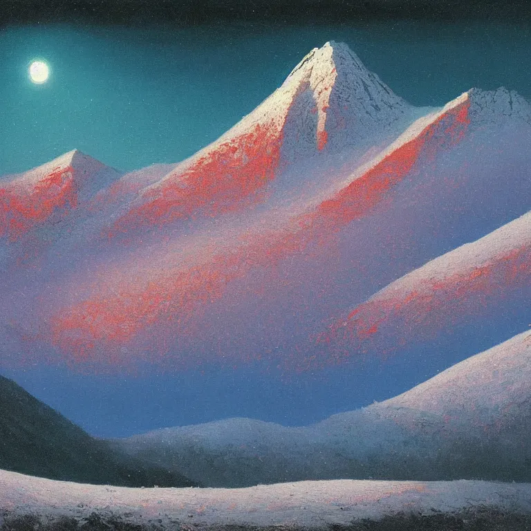 Image similar to caucaus mountains, winter, night, luminous, teal palette, arkhip kuindzhi, glaze oil painting, christian mysticism