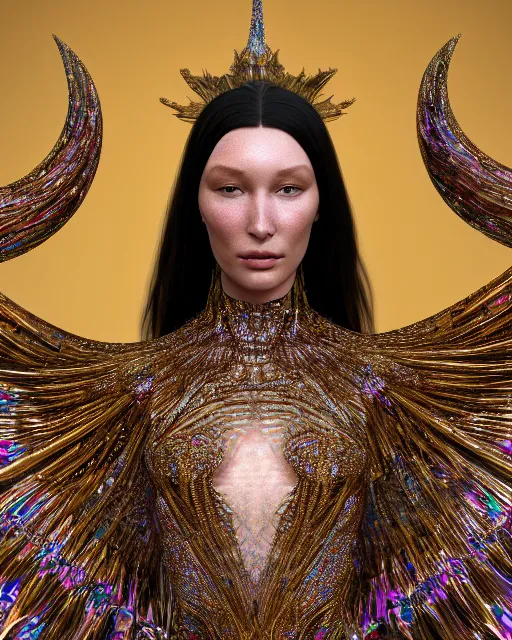 Image similar to a highly detailed metahuman 4 k close up render of an alien goddess bella hadid queen in iris van herpen dress schiaparelli in diamonds crystals swarovski and jewelry iridescent in style of alphonse mucha gustav klimt trending on artstation made in unreal engine 4