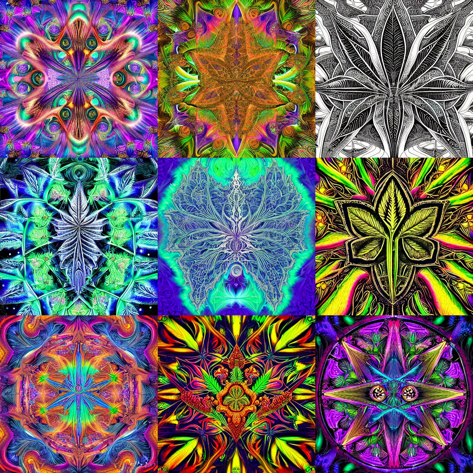 Prompt: a intricate ornate psychedelic image of a cannabis leaf, digital art by felix kelly, alex grey, dan mumford, artgerm, psychedelic art, psychedelic, fractalism, fractals, sacred geometry, artstation, detailed, art, hyper realism, hyper detailed, cgsociety, ue 5, hd, 3 d