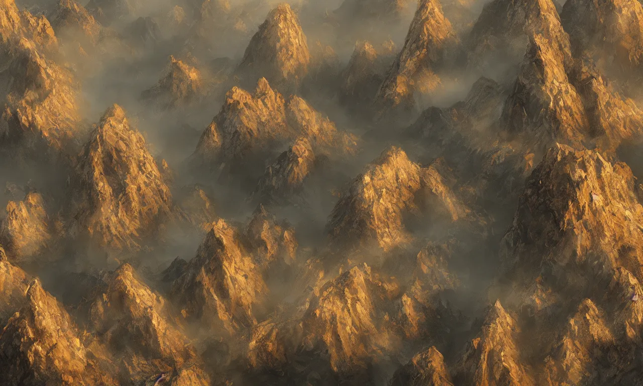 Prompt: breathtaking detailed digital painting of an aerial view of luxurious nature, mountains rocks at dawn with intricate ribbons and golden petals flying, with moody dark tumultuous clouds, by dao trong le, artstation, concept art, matte, 8 k,