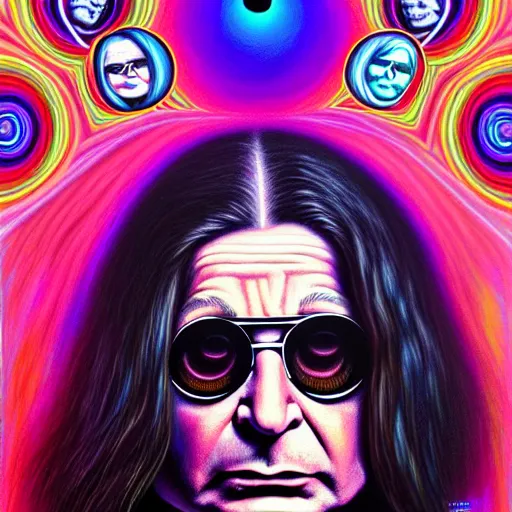 Prompt: An extremely psychedelic portrait of Ozzy Osbourne, surreal, LSD, face, detailed, intricate, elegant, lithe, highly detailed, digital painting, artstation, concept art, smooth, sharp focus, illustration