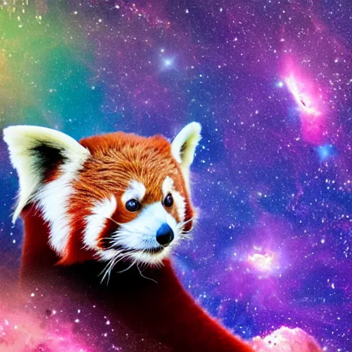 Image similar to Red Panda in space in front of a purple nebula