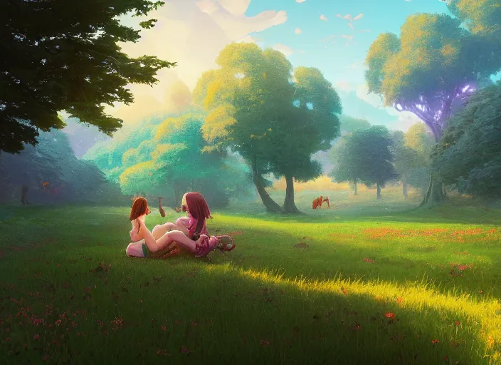 Prompt: tilt-shift green pasture, anime girls playing a game, Alena Aenami, Petros Afshar, Noah Bradley, Anton Fadeev, Anato Finnstark, Steve Henderson, Filip Hodas, Mark Keathley, Thomas Kinkade, Phil Koch, Gilbert Williams, Mike Winkelmann, Beeple