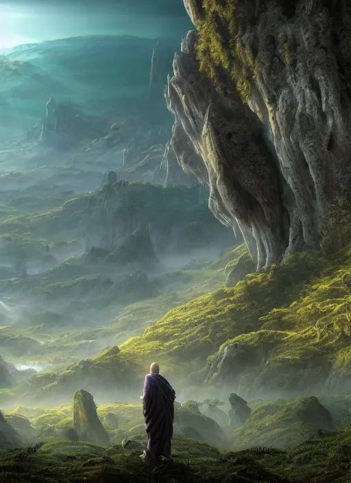 Image similar to a cosmic monk in lord of the rings scenery landscape, looking out at a vast lush valley at sunrise, alien temple on another planet, god's rays, highly detailed, vivid color, cinematic lighting, perfect composition, 8 k, gustave dore, derek zabrocki, greg rutkowski, belsinski, octane render