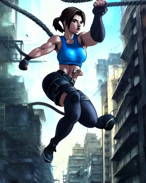 Prompt: gigachad jill valentine bodybuilder jumping from a building fighting with a rope in racoon city, fantasy character portrait, ultra realistic, anime key visual, full body concept art, intricate details, highly detailed by greg rutkowski, ilya kuvshinov, gaston bussiere, craig mullins, simon bisley