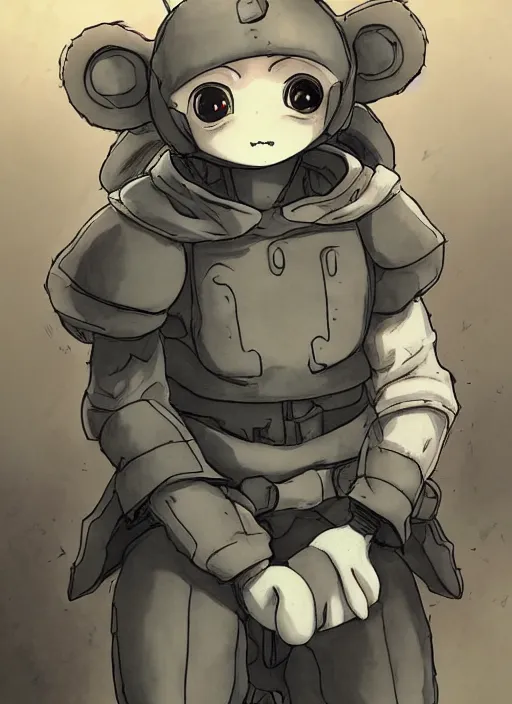 Image similar to beautiful little boy wearing an cyborg bear suit, artwork in kentaro miura and made in abyss and rosdraws, smooth, beautiful lightness, anatomically correct, trending on pixiv, forest