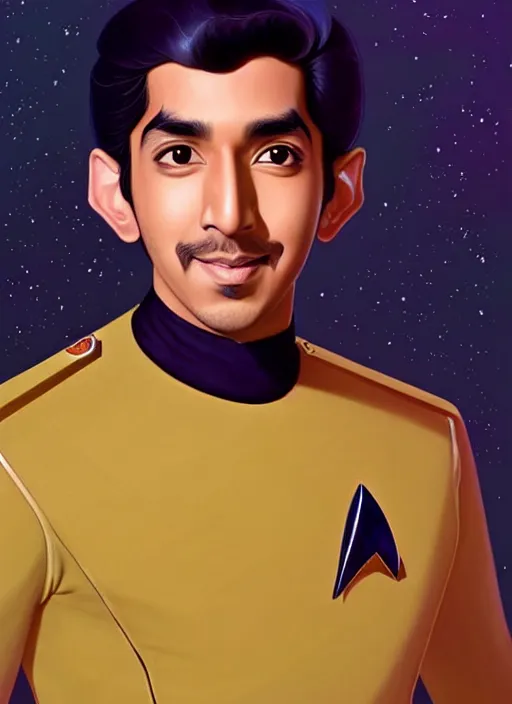 Image similar to cute star trek officer dev patel, natural lighting, path traced, highly detailed, high quality, digital painting, by don bluth and ross tran and studio ghibli and alphonse mucha, artgerm