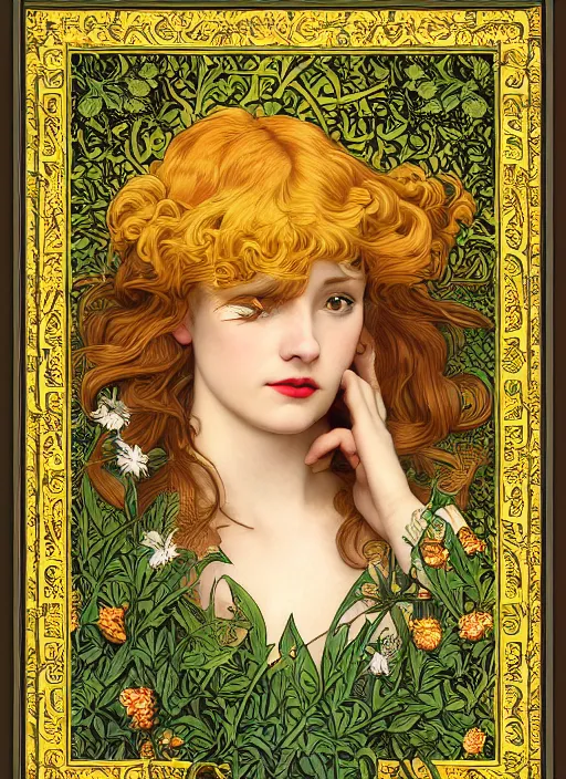 Image similar to masterpiece beautiful seductive flowing curves pinup pose preraphaelite face portrait photography, extreme close up shot, straight bangs, thick set features, yellow ochre ornate medieval dress, amongst inside foliage mushroom forest circle arch, william morris and kilian eng and mucha, framed, 4 k
