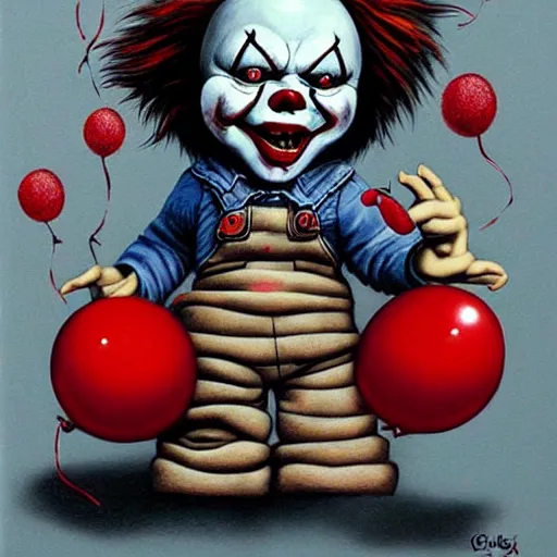 Image similar to grunge cartoon painting of chucky with a wide smile and a red balloon by chris leib, loony toons style, pennywise style, horror theme, detailed, elegant, intricate