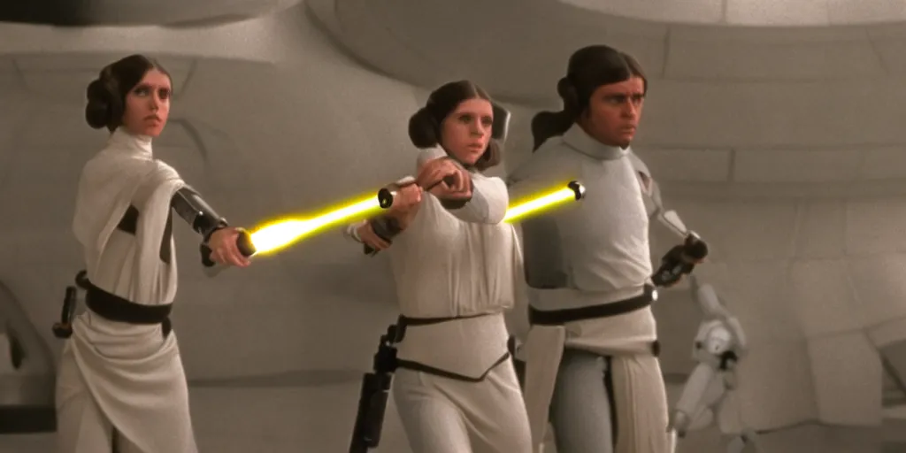 Prompt: screenshot of Princess Leia training to use a yellow lightsaber at a new Jedi Temple scene from The Force Awakens, 1970s film by Stanley Kubrick, serene, iconic scene, stunning cinematography, hyper detailed, sharp, anamorphic lenses, kodak color film, 4k