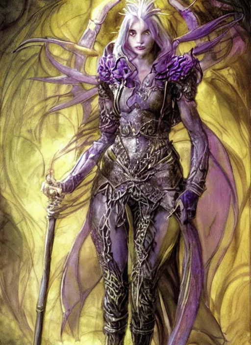 Prompt: portrait of young female sorceress of the endtimes, transluscent skin, silver filigreed armor, lavender hair, beautiful! coherent! dungeons and dragons character, by brian froud, strong line, cool night color, high contrast