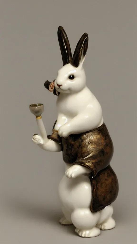 Prompt: a porcelain rabbit with a japanese pipe painted by john singer sargent