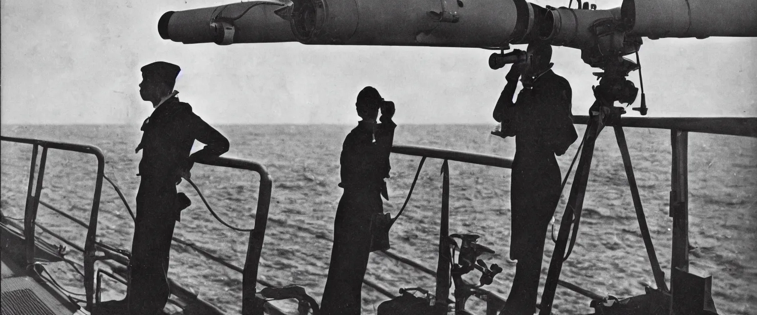 Image similar to detailed sharp portrait photograph in the style of popular science circa 1 9 5 5 of a sailor standing on the bridge of a ship look through binoculars