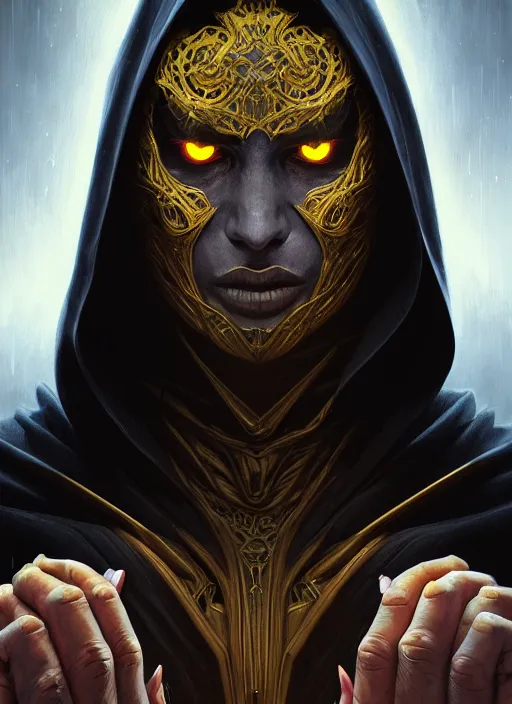 Image similar to portrait of a human evil sith-lord, human face, evil yellow eyes, enraged, angry, dark evil robes, intricate, elegant, highly detailed, digital painting, artstation, concept art, smooth, sharp focus, illustration, art by artgerm and greg rutkowski and alphonse mucha, 4k