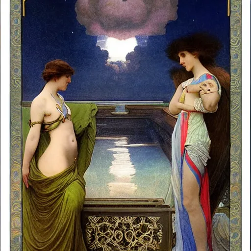 Image similar to The palace on the clouds, moon reflecting on the water, thunderstorm, greek pool, beach and Tropical vegetation on the background major arcana sky, by paul delaroche, alphonse mucha and arnold böcklin, hyperrealistic 8k, award-winning, very very very detailed