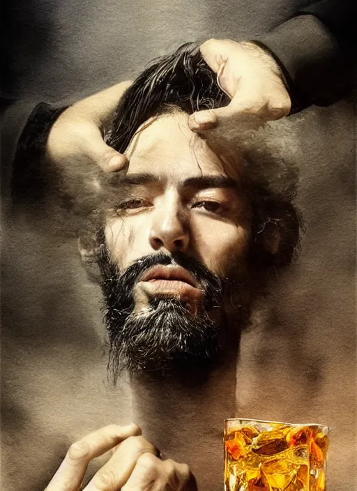 Image similar to portrait, a handsome skinny small Frenchman with beard and long black hair toasting with whiskey, watercolor, dramatic lighting, cinematic, establishing shot, extremely high detail, foto realistic, cinematic lighting, digital art, vector, by Yoshitaka Amano, Ruan Jia, Kentaro Miura, Artgerm, post processed, concept art, artstation, matte painting, style by eddie mendoza, raphael lacoste, alex ross