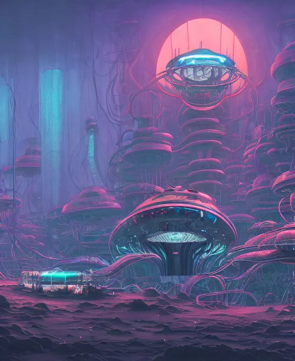 Image similar to simplicity, an amusement park made out of weird organic creatures, biological forms, internal organs, in the style of an asymmetrical spaceship, bleak apocalyptic environment, by dan mumford, yusuke murata, makoto shinkai, ross tran, cinematic, unreal engine, cel shaded, featured on artstation, pixiv