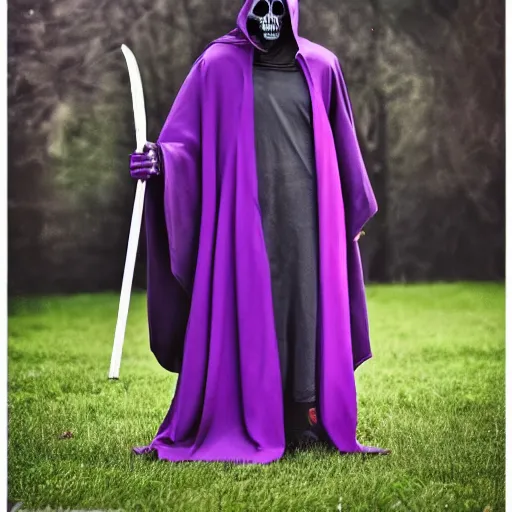 Image similar to grim reaper, purple cloak, scary
