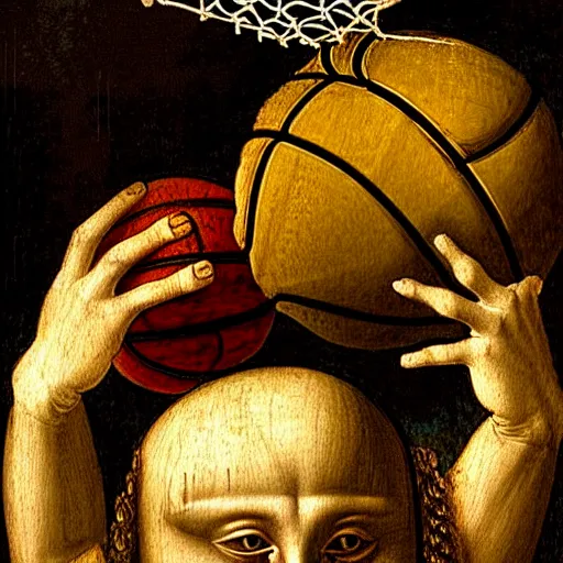 Prompt: a davinci painting of a cat dunking a basketball into a net