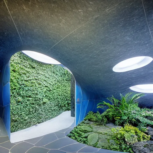 Prompt: a large curvilinear futuristic room made of blue slate, startrek style, filled with plants, vegetation, rocks and a swimming pool.