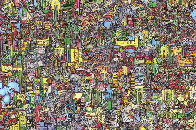 Image similar to an elaborate penned child illustration of a colorful intricate connected city of tubes and pipes, by jan van haasteren