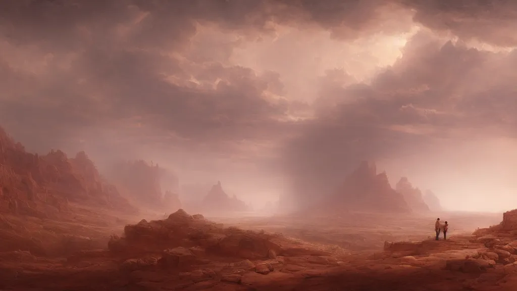 Image similar to canyons of mars during a sandstorm. andreas achenbach, artgerm, mikko lagerstedt, zack snyder 3 8 4 0 x 2 1 6 0