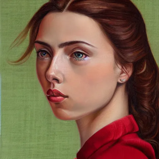 Image similar to a finished, detailed side view portrait painting of a very young italian woman resembling scarlett johansson and ana de armas, by sandro boticelli