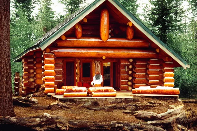 Prompt: log cabin made from sausage, hot dogs, and rib meat, photograph from travel magazine, sharp