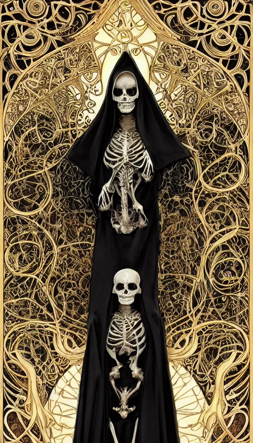 Image similar to a skeleton in a black cloak, highly detailed, very intricate, art nouveau, gold filigree, left right symmetry, tarot concept art watercolor illustration by mandy jurgens and alphonse mucha and alena aenami, featured on artstation