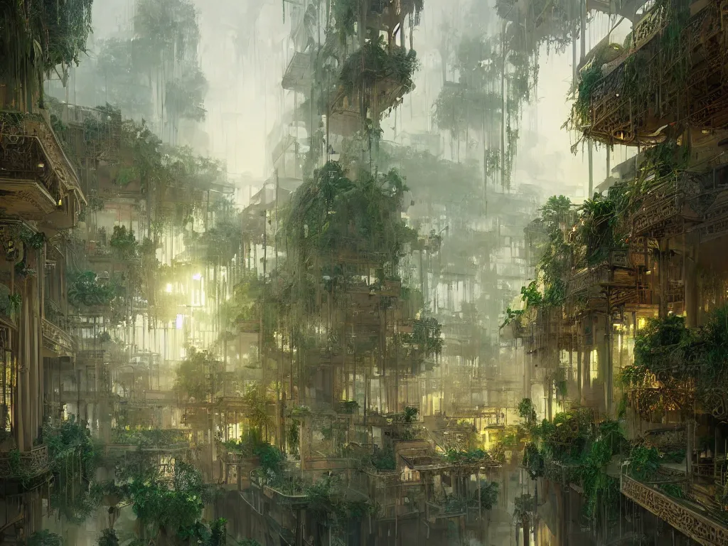 Image similar to the antique green city of babylon with its wonderful hanging gardens at dawn, intricate, elegant, volumetric lighting, digital painting, highly detailed, artstation, sharp focus, illustration, concept art, ruan jia, steve mccurry